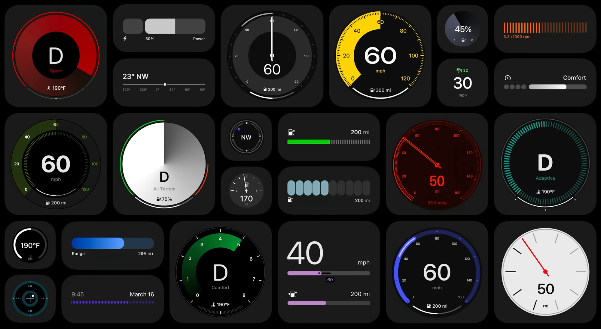 Grid of gauge examples from Apple's CarPlay design system